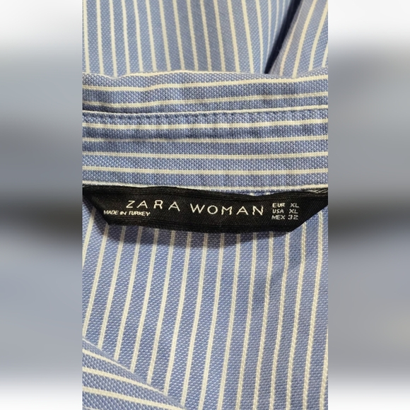 Zara Woman Blue Pinstripe Ruffle Shoulder Frill Button UP Long Sleeve Blouse PL - Picture 11 of 15